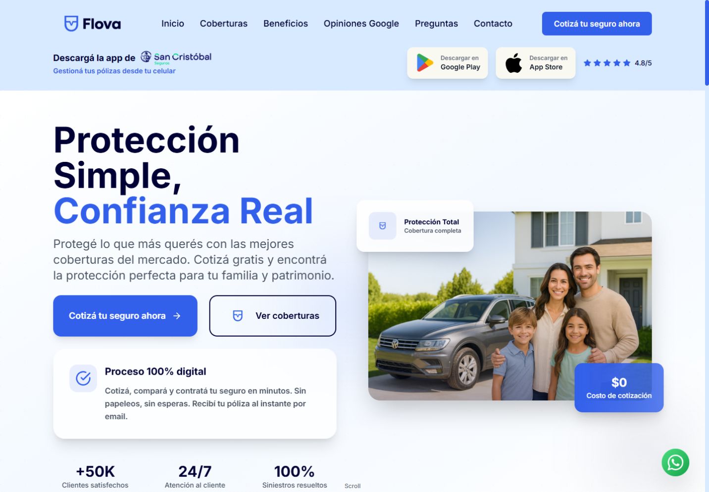 Landing de Flova Seguros con presentación de la oferta y acceso a consultas.