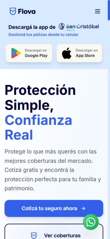 Versión mobile de la landing de Flova con accesos a consultas y WhatsApp.